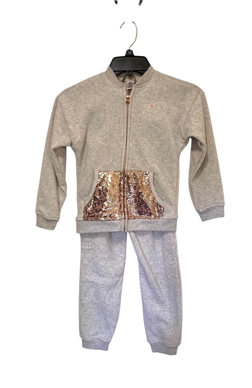 RBX Girls 2-Piece Tracksuit Set Heather Grey Sequin Pocket Jacket Joggers Sz L6X